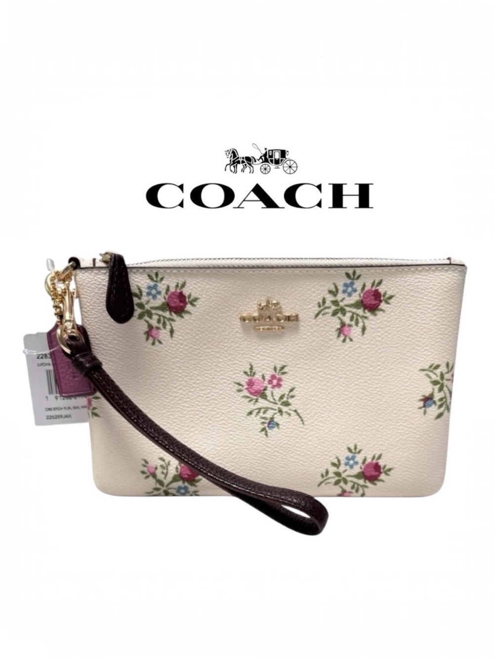 COACH Cross Stitch Prairie Floral Wristlet Ivory Multi NWT Retail Box Care Cards